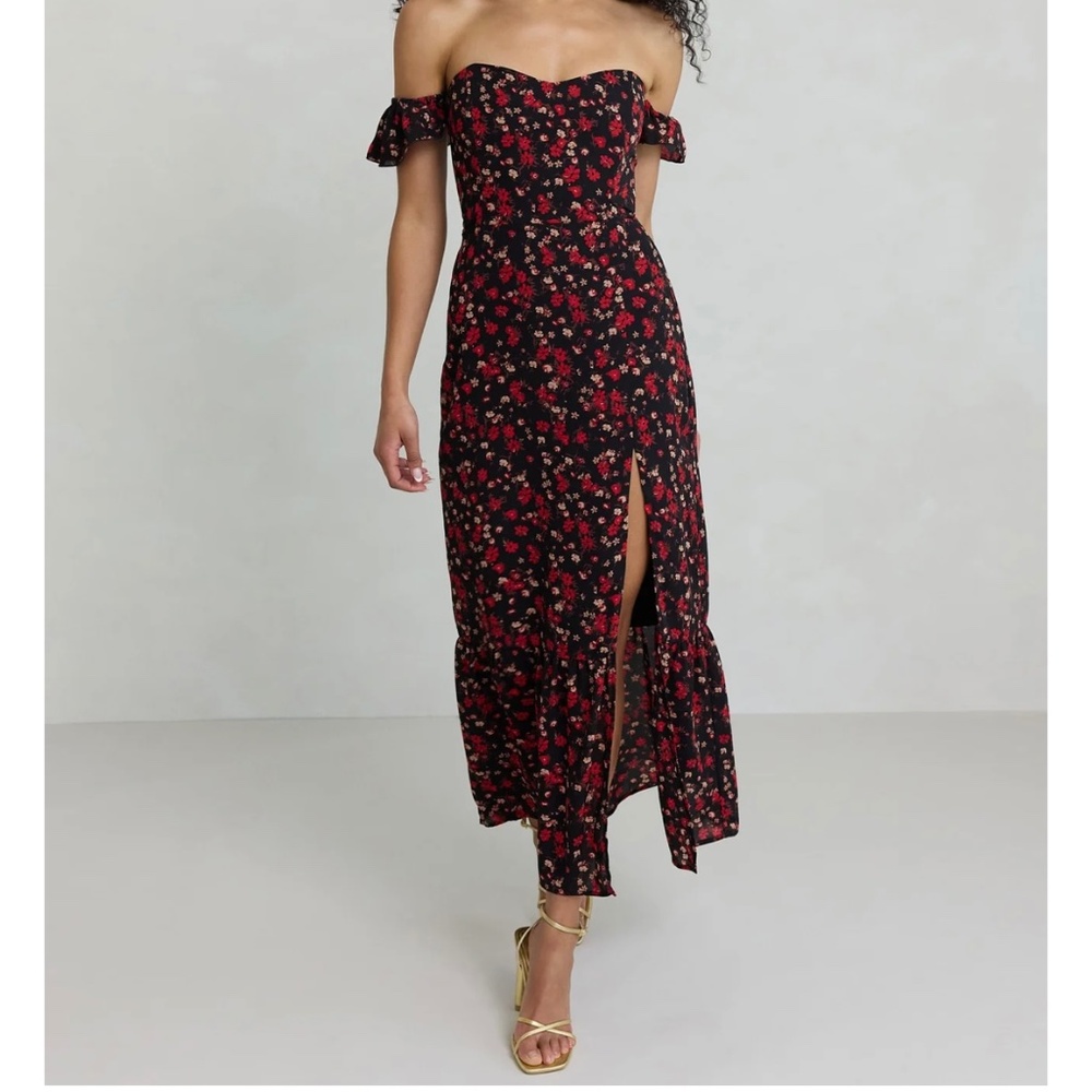 Park & Fifth Bentley Black Off-Shoulder Midi Dress with Red Floral Print